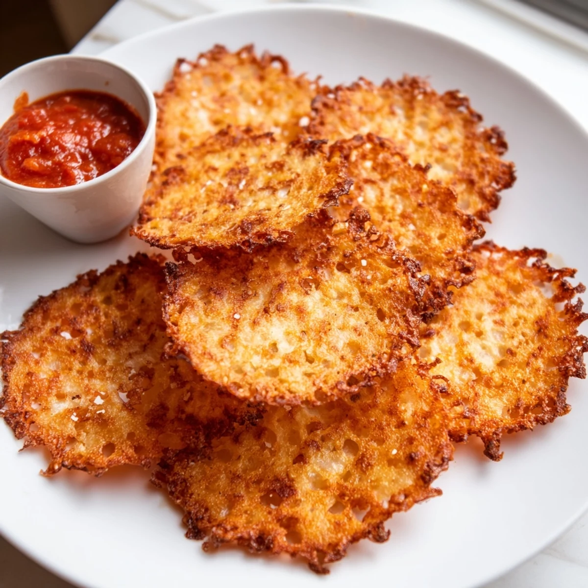 Golden cottage cheese chips arranged on parchment with crispy ruffled edges and warm paprika seasoning