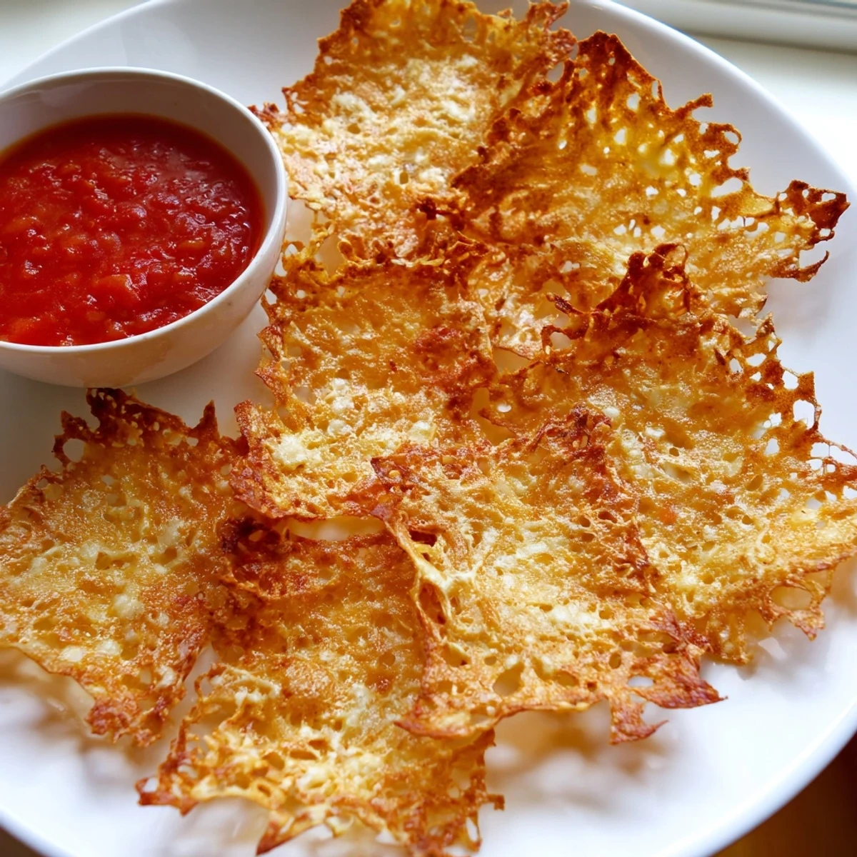 Crispy baked cottage cheese chips served alongside a bowl of fresh guacamole dip