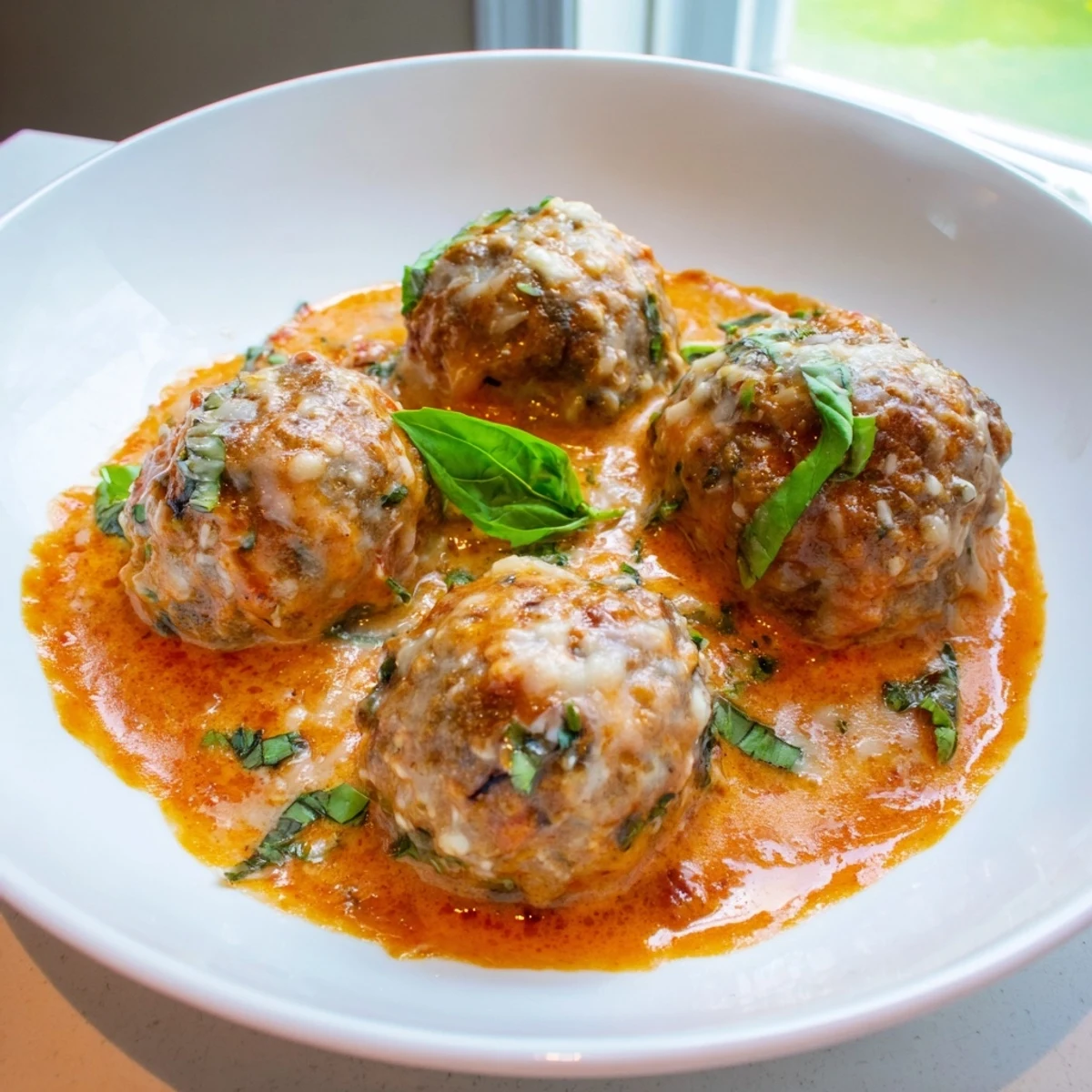 Golden creamy tomato basil meatballs nestled in a velvety red sauce with fresh herb garnish
