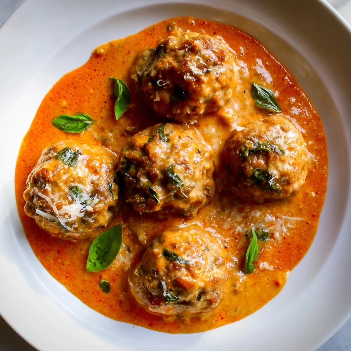 Tender creamy tomato basil meatballs swimming in a rich, bubbling tomato cream sauce
