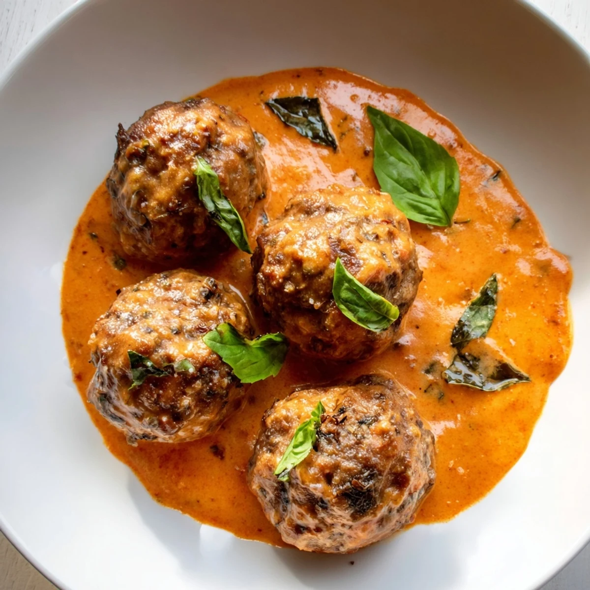 Creamy tomato basil meatballs served over pasta in a luscious, herb-flecked tomato sauce