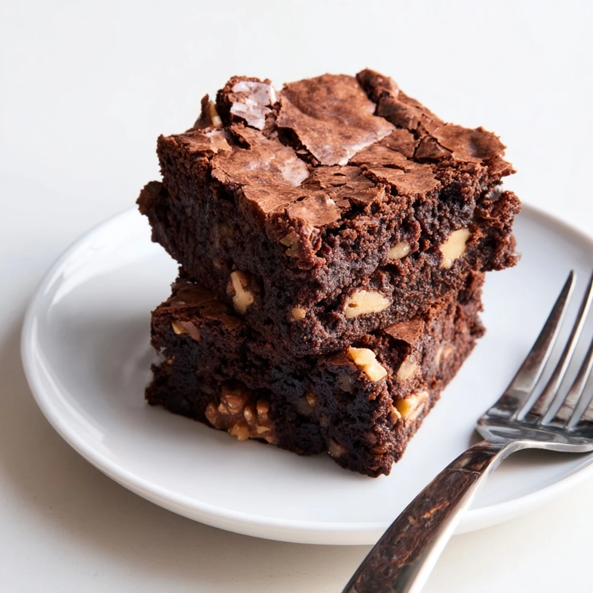 Thick chocolatey Ultimate Brownies studded with walnut pieces dusted with fine cocoa powder