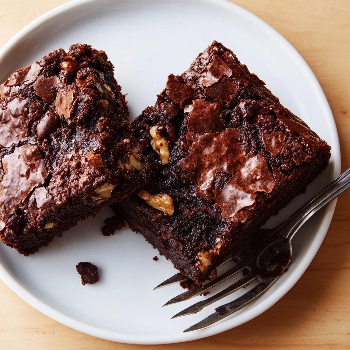 Warm Ultimate Brownies served on a white plate with a creamy vanilla scoop