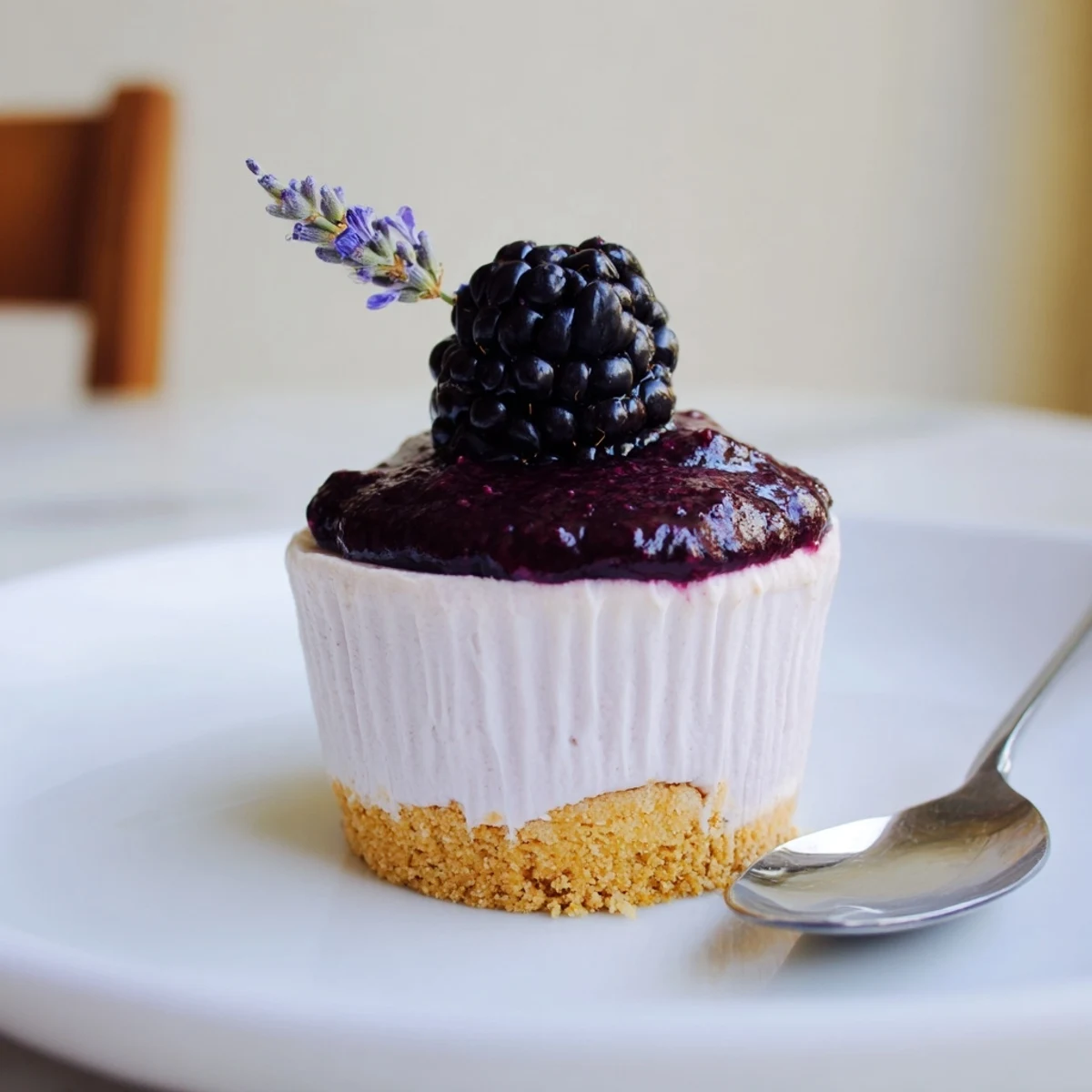 Creamy no bake mini blackberry lavender cheesecakes topped with glossy purple berry sauce