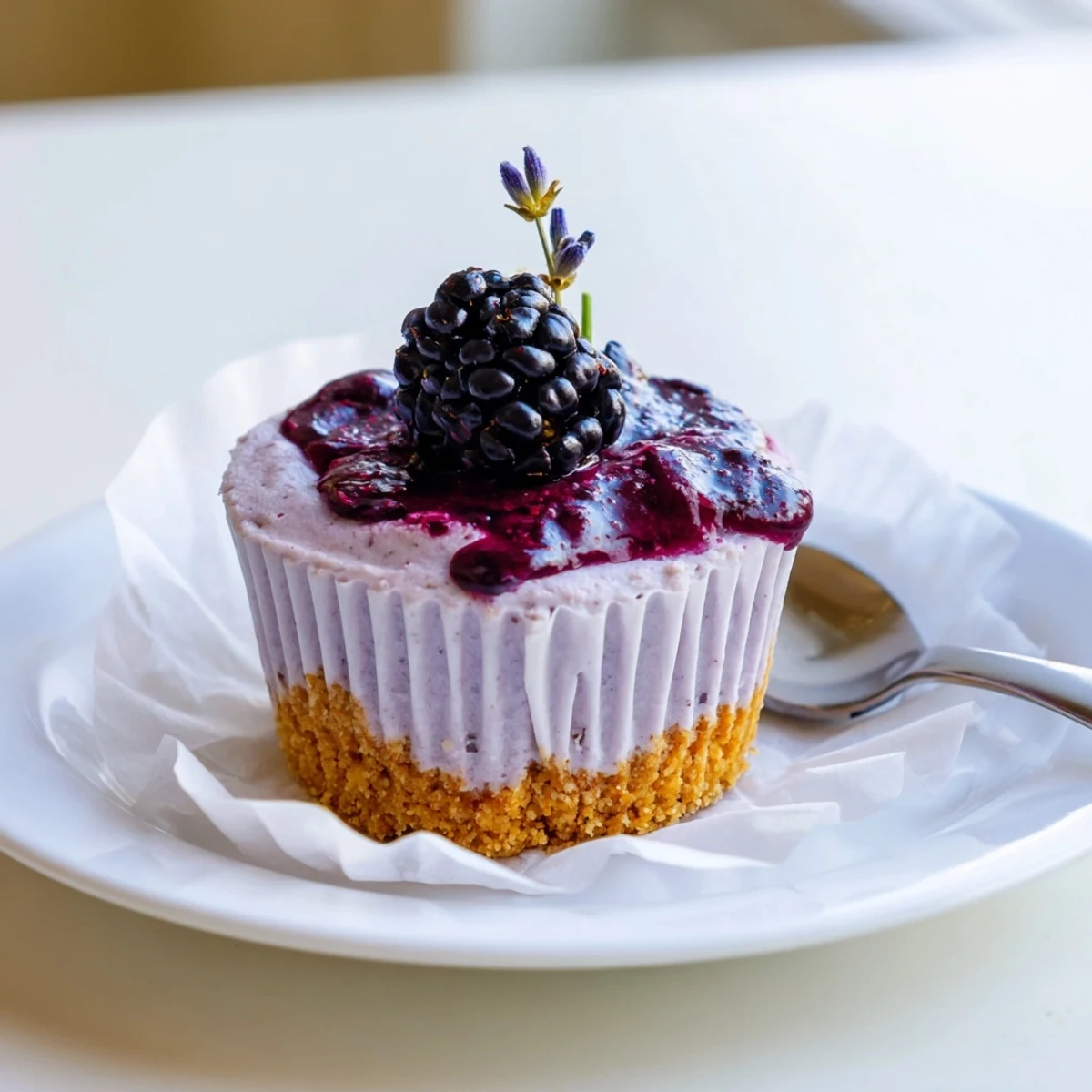 Individual no bake mini blackberry lavender cheesecakes drizzled with warm jammy fruit compote