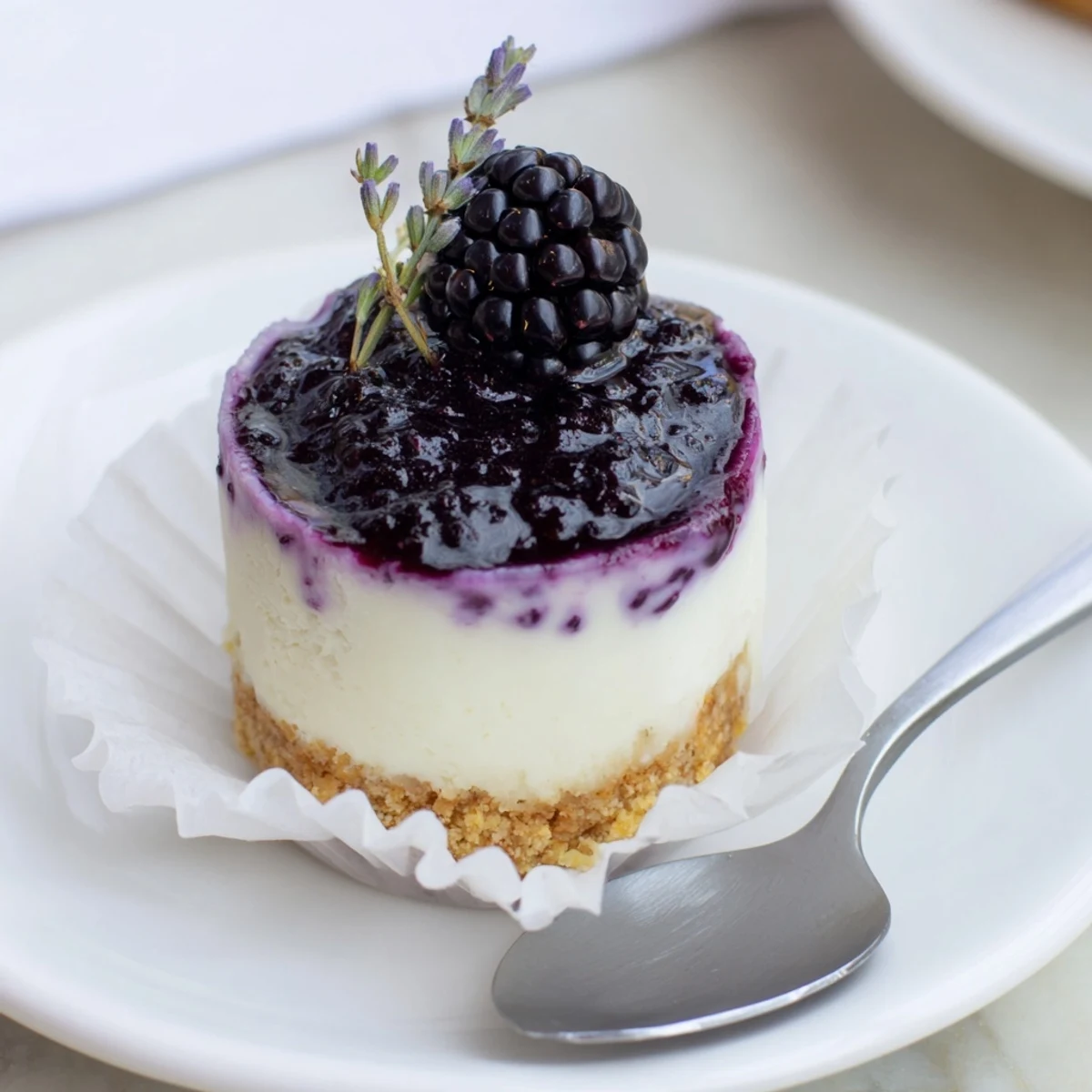 Velvety no bake mini blackberry lavender cheesecakes with buttery graham cracker crusts and fresh berries