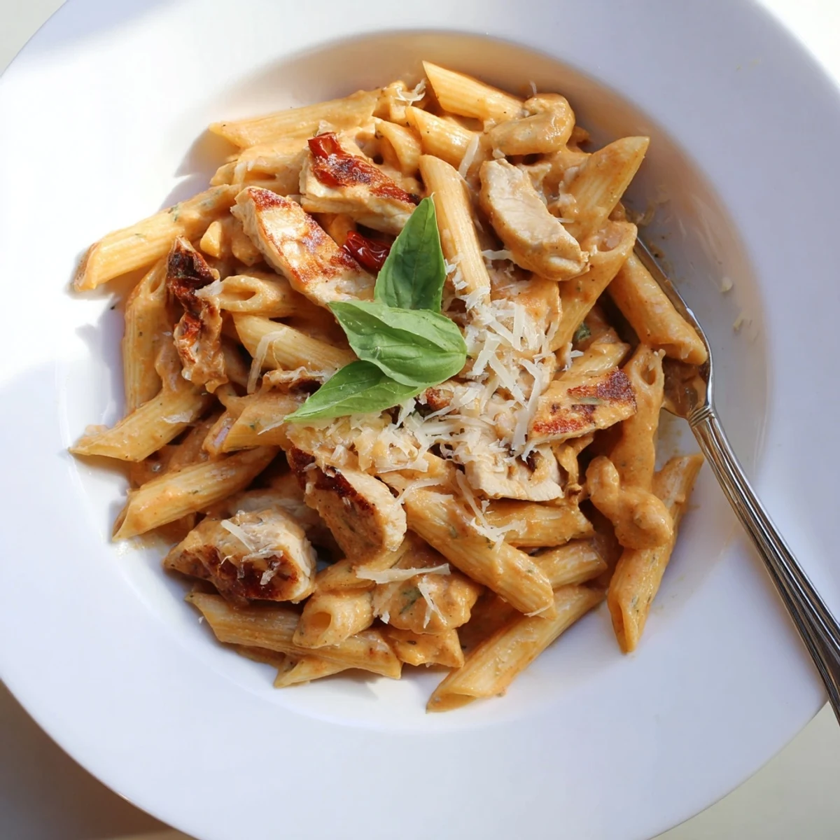 Creamy Sun Dried Tomato Marry Me Chicken Pasta topped with fresh basil and Parmesan