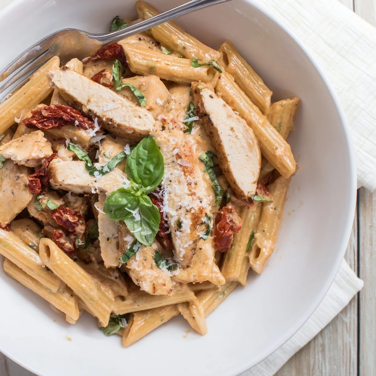 Golden sliced chicken over creamy Sun Dried Tomato Marry Me Chicken Pasta in skillet