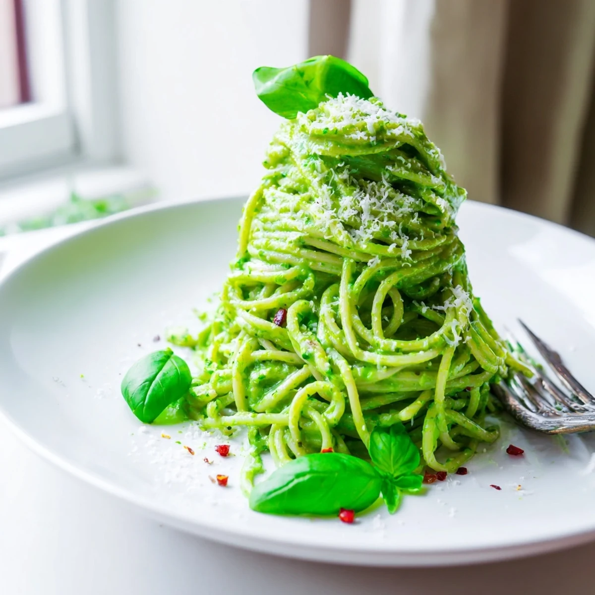 Creamy green goddess pasta sauce tossed with spaghetti and fresh basil leaves