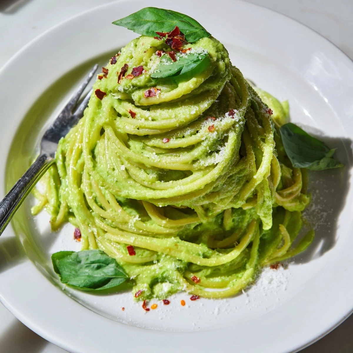 Vibrant green goddess pasta sauce in a white bowl topped with herbs