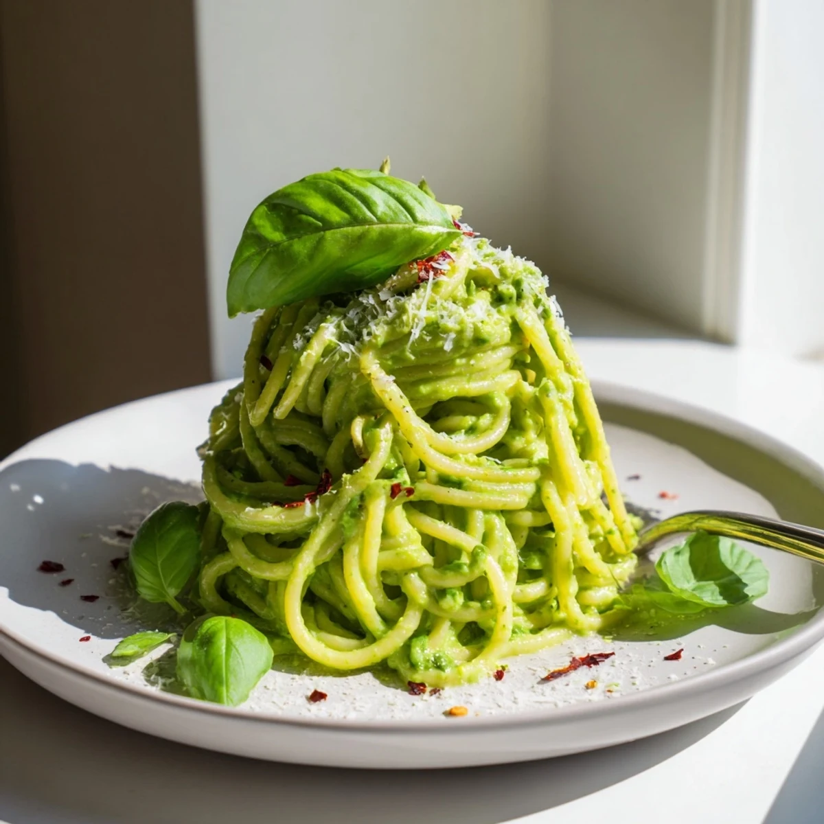 Silky green goddess pasta sauce coating penne on a rustic wooden table