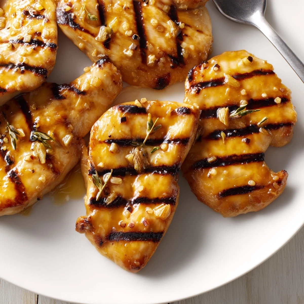 Juicy Maple Dijon Grilled Chicken sliced open revealing tender meat with herb garnish