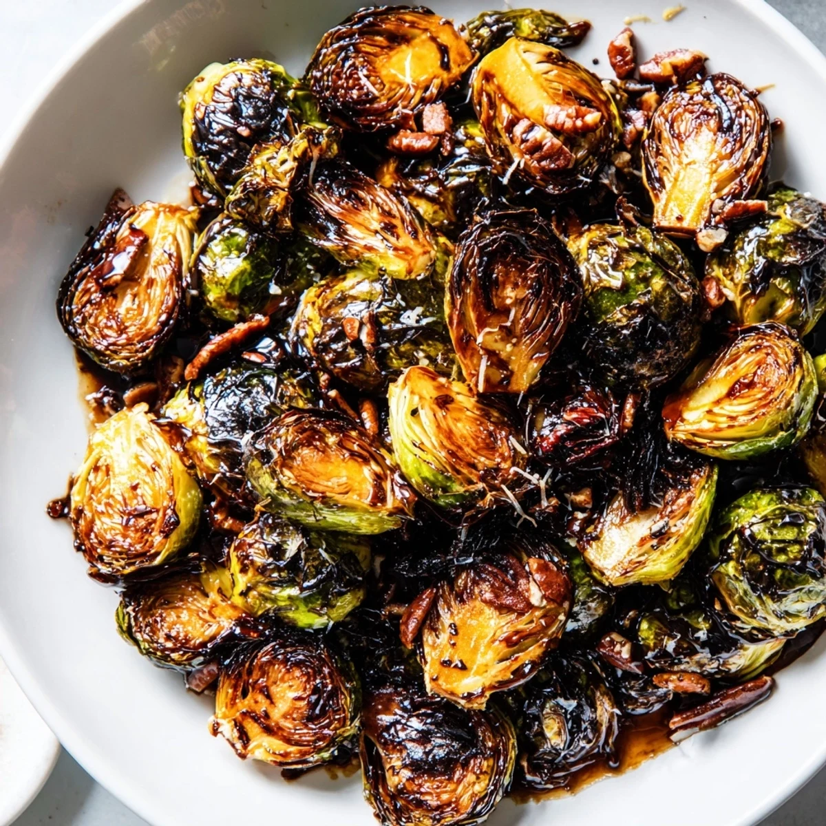 Crispy honey balsamic Brussels sprouts roasted golden with a caramelized, sticky glaze