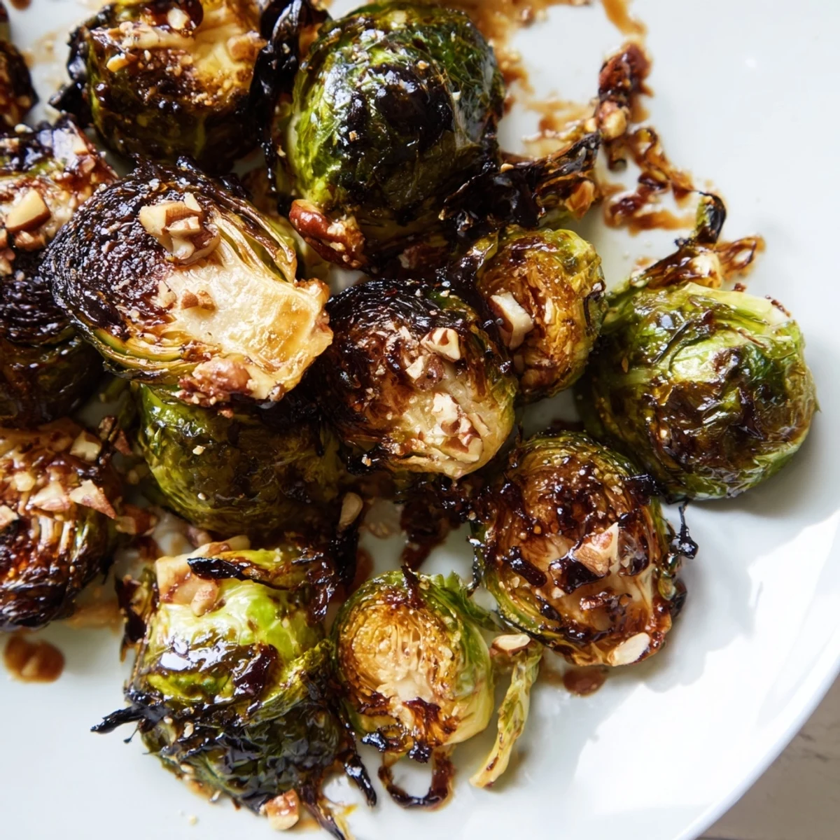 Honey balsamic Brussels sprouts charred at the edges and drizzled with sweet glaze