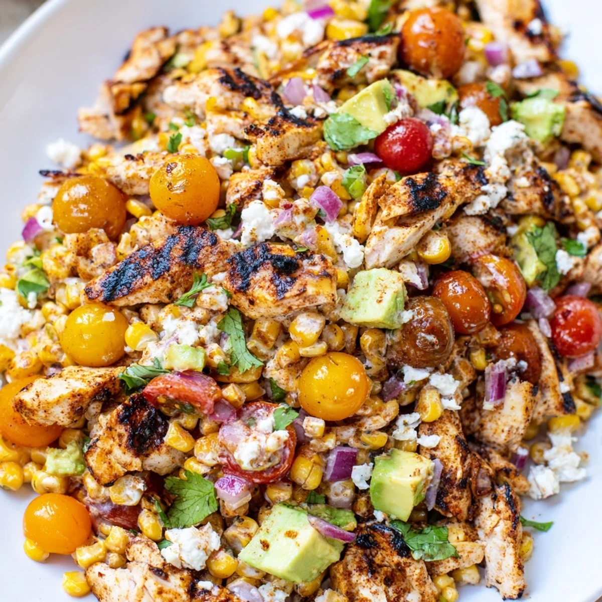 High Protein Chicken Street Corn Salad with charred kernels and creamy lime dressing
