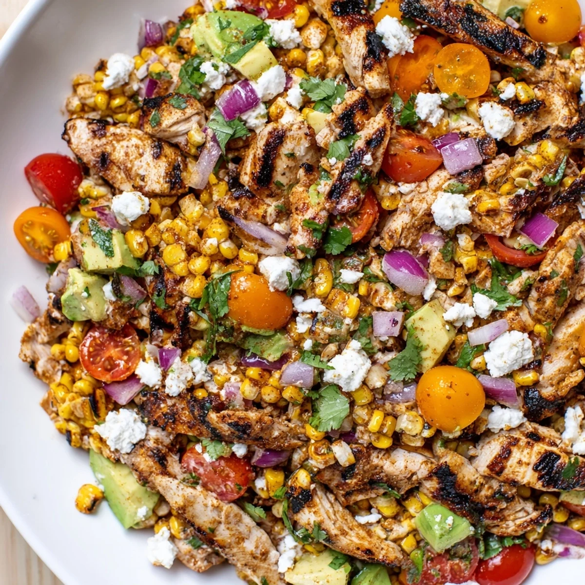 Grilled chicken slices over High Protein Chicken Street Corn Salad with fresh cilantro garnish
