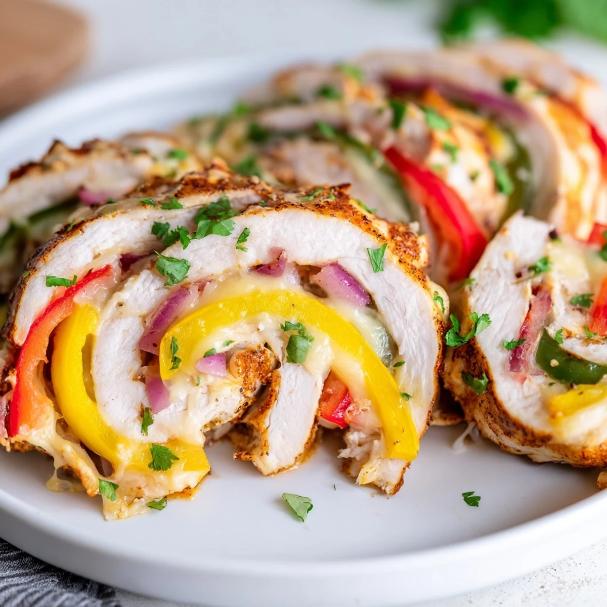 Golden baked chicken fajita roll ups with gooey cheese and colorful bell peppers.
