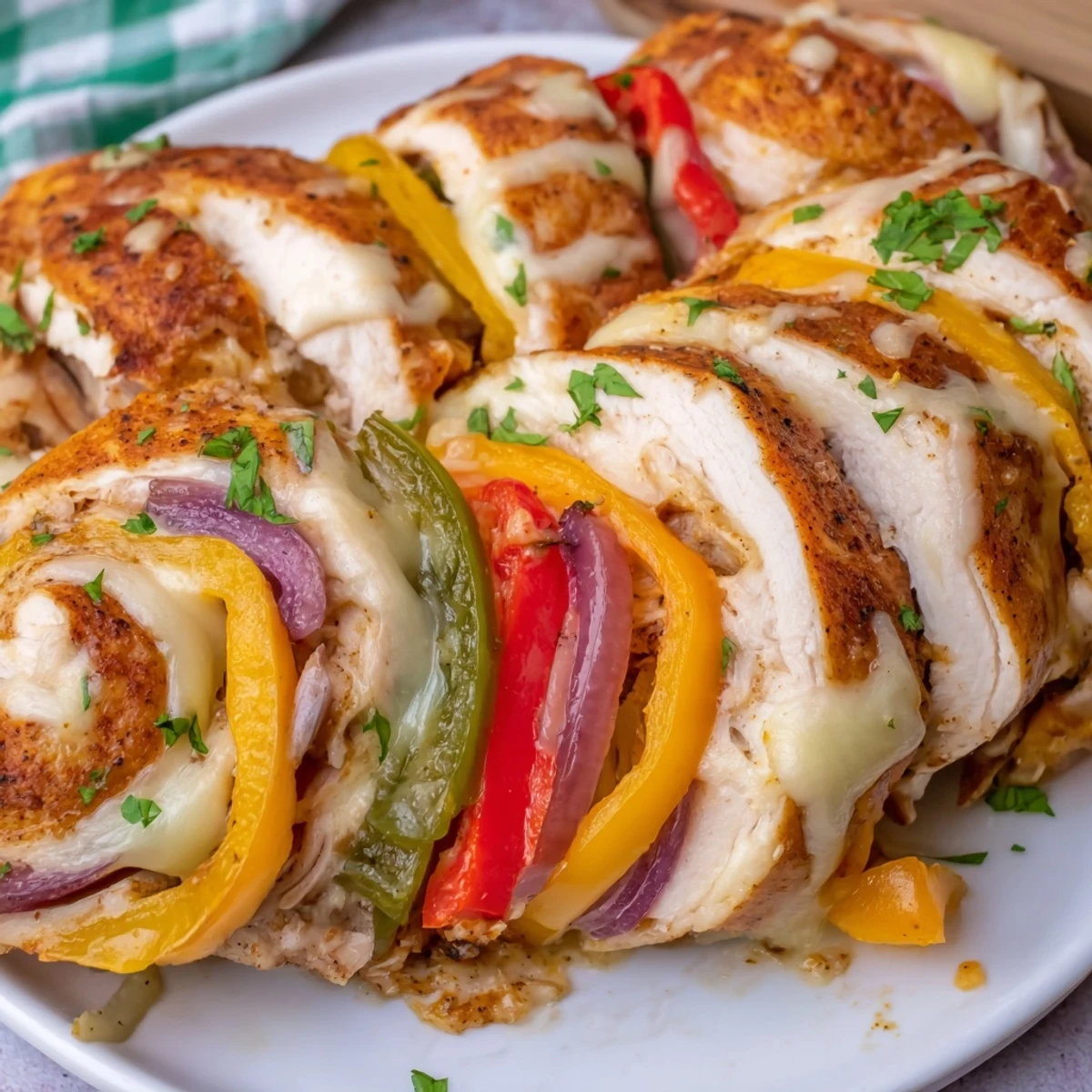 Tender baked chicken fajita roll ups stuffed with spiced onions and bubbling cheese.