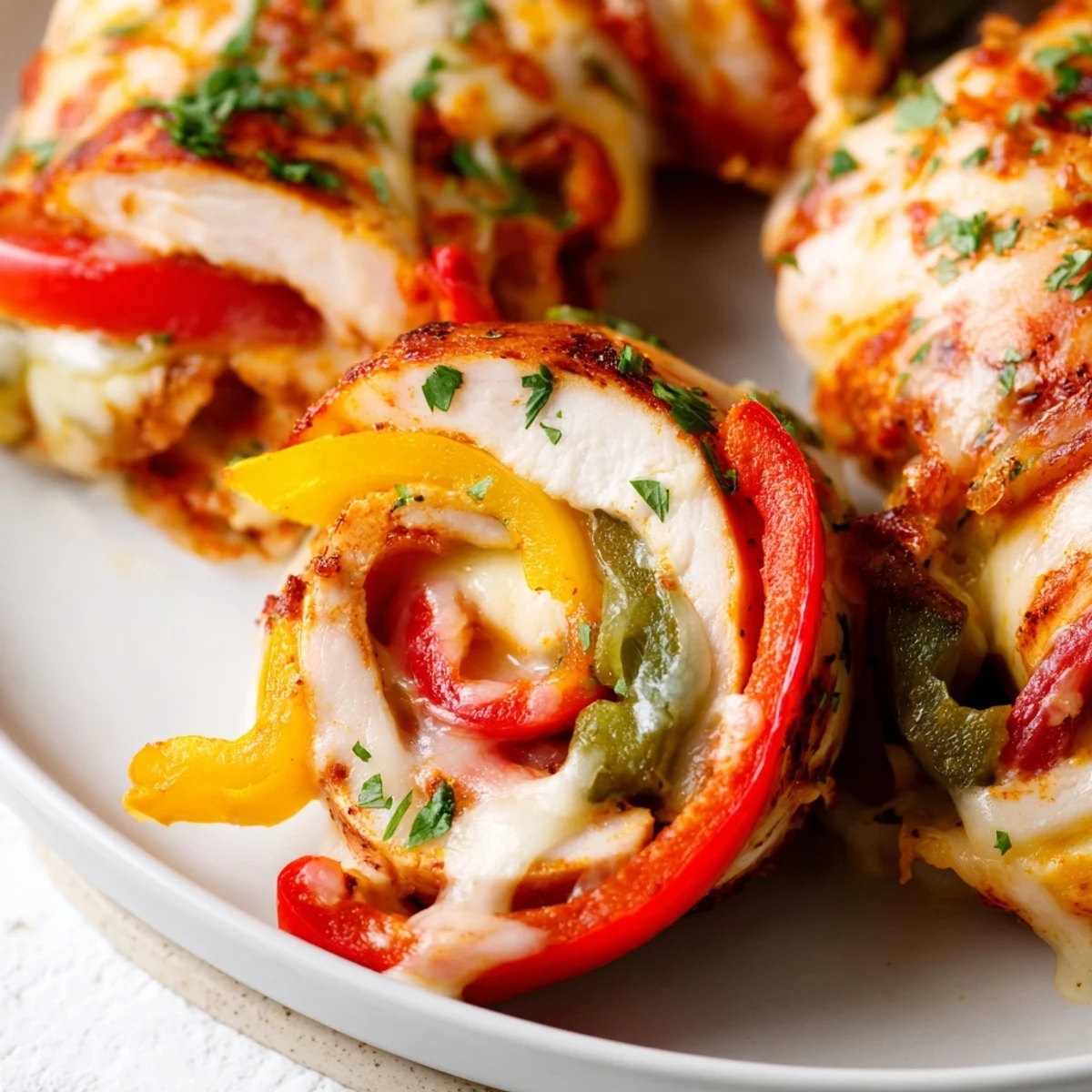 Savory baked chicken fajita roll ups garnished with fresh cilantro and a lime wedge.