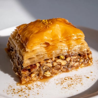 A close-up of Greek Baklava pieces topped with pistachios and walnuts.