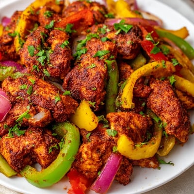 A close-up view of Cajun Chicken Bell Peppers Spicy Delight, with tender chicken pieces and garnished with fresh parsley and lemon wedges.