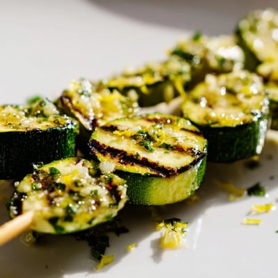 Freshly grilled Garlic Butter Zucchini Skewers arranged with lemon wedges, perfect for a summery side dish or vegetarian main.  