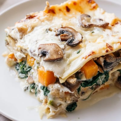 Creamy layered butternut squash, spinach, and mushroom lasagna with bubbly mozzarella and a side salad on a cozy dinner plate.