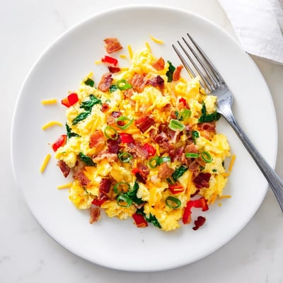 Plated Loaded Scrambled Eggs topped with green onions and sautéed red peppers beside toast.  