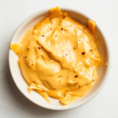 Creamy Snappy Cheddar Sauce in a bowl beside crispy tortilla chips for dipping.