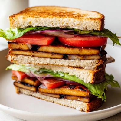 Smoky Tofu Lettuce Tomato TLT Sandwich served on a rustic wooden cutting board outdoors