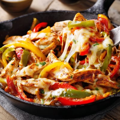 Warm Cheesy Baja Chicken Bell Pepper Skillet served with corn tortillas and lime