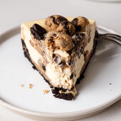 Sliced Chocolate Chip Cookie Dough Cheesecake chilled, creamy layers dotted with mini chocolate chips