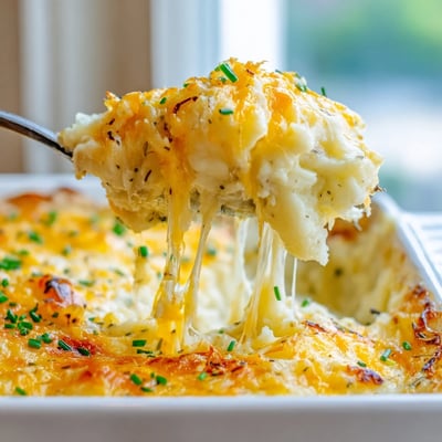 Creamy Cheesy Onion Mashed Potato Casserole topped with melted cheese and sprinkled fresh chives