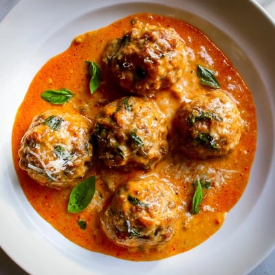 Tender creamy tomato basil meatballs swimming in a rich, bubbling tomato cream sauce