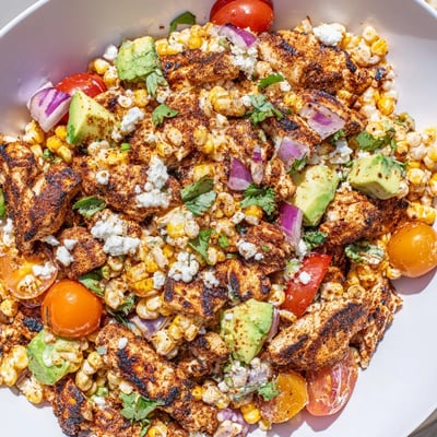 Colorful High Protein Chicken Street Corn Salad topped with crumbled cotija and avocado